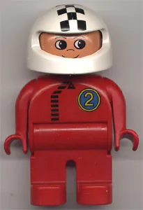 Duplo Figure, Male, Red Legs, Red Top with Black Zipper and Racer #2, White Helmet with Checkered Stripe