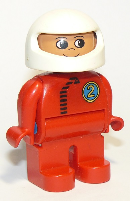 Duplo Figure, Male, Red Legs, Red Top with Black Zipper and Racer #2, White Helmet