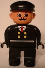 Duplo Figure, Male, Black Legs, Black Top with 4 Yellow Buttons and Red Tie, Black Hat, Curly Moustache (Train Engineer)
