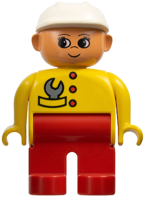 Duplo Figure, Female, Red Legs, Yellow Top with Red Buttons & Wrench in Pocket, Construction Hat White
