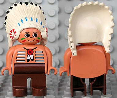Duplo Figure, Male, Brown Legs, Nougat Top with White Stripes (Native American Chief)