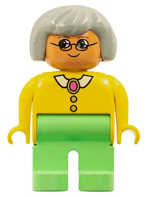 Duplo Figure - Female, Adult Woman, Medium Green Legs, Yellow Top with Collar, Buttons, and Brooch Pattern, Light Gray Hair, Nougat Head (75484)