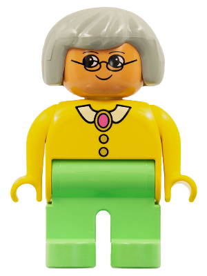 Duplo Figure - Female, Adult Woman, Medium Green Legs, Yellow Top with Collar, Buttons, and Brooch Pattern, Light Gray Hair, Nougat Head (75484)