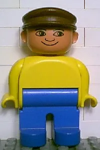 Duplo Figure, Male, Blue Legs, Yellow Top, Brown Cap, no White in Eyes Pattern