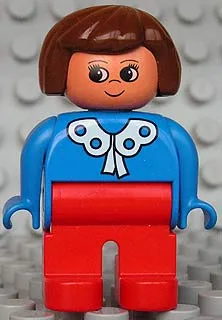 Duplo Figure - Female, Adult Woman, Red Legs, Blue Top with Lace Collar Pattern, Brown Hair, Nougat Head (75472)