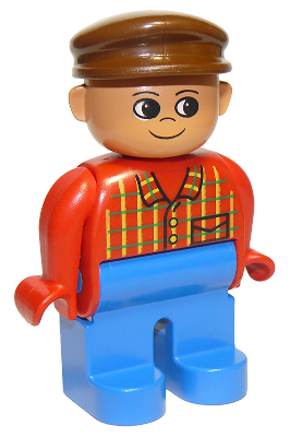 Duplo Figure, Male, Blue Legs, Red Top Plaid, Brown Cap
