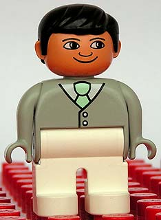 Duplo Figure, Male, White Legs, Light Gray Top with White Shirt and Light Green Tie, Black Hair (75181)