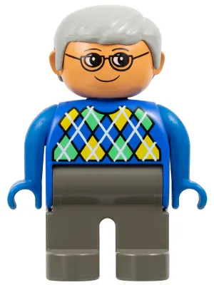 Duplo Figure - Male, Adult Man, Dark Gray Legs, Blue Top with Argyle Pattern, Light Gray Hair, Nougat Head (75488)