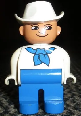 Duplo Figure, Male, Blue Legs, White Top with Blue Bandana, White Cowboy Hat, White in Eyes