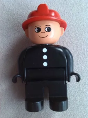 Duplo Figure, Male Fireman, Black Legs, Black Top with 3 White Buttons, Red Fire Helmet, Round Eyes