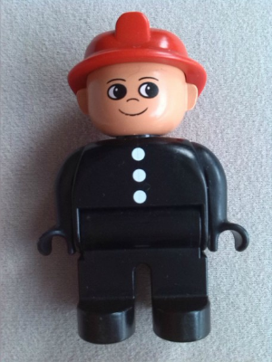 Duplo Figure, Male Fireman, Black Legs, Black Top with 3 White Buttons, Red Fire Helmet, Round Eyes