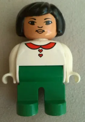 Duplo Figure, Female, Green Legs, White Blouse with Red Heart Buttons and Collar, Black Hair, Lips