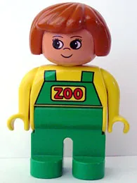 Duplo Figure, Female Zoo, Green Legs, Yellow Top with Green Overalls, Dark Orange Hair (Zoo Keeper) (75695)
