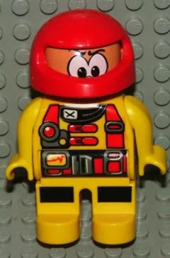 Duplo Figure, Male Action Wheeler, Yellow Legs, Yellow Top with Racer Pattern, Red Racing Helmet (4141909)