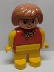 Duplo Figure, Female, Yellow Legs, Red Top with Yellow Polka Dot Scarf, Yellow Arms, Earth Orange Hair, Nose and Lips, White in Eyes