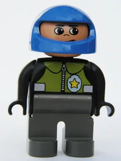 Duplo Figure, Male Police, Dark Gray Legs, Black Top with Pale Green Vest and Police Badge, Blue Helmet