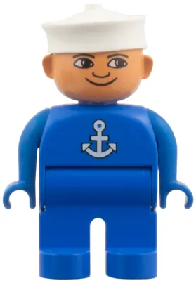 Duplo Figure, Male, Blue Legs, Blue Top with White Anchor, White Sailor Hat