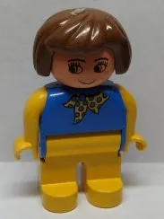 Duplo Figure, Female, Yellow Legs, Blue Top With Yellow and Blue Polka Dot Scarf, Yellow Arms, Brown Hair, no Nose, no White in Eyes Pattern