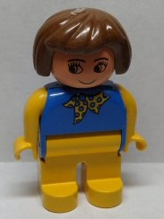 Duplo Figure, Female, Yellow Legs, Blue Top With Yellow and Blue Polka Dot Scarf, Yellow Arms, Brown Hair, no Nose, no White in Eyes Pattern