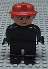 Duplo Figure, Male Fireman, Black Legs, Black Top (no buttons), Red Fire Helmet