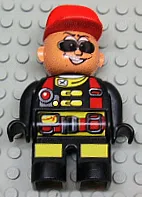 Duplo Figure, Male Action Wheeler, Black Legs with Yellow Patches, Red Straps, Sunglasses, Red Cap (4141905)