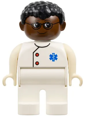 Duplo Figure, Doctor / Medic - Male, Adult Man, White Legs, White Top with Buttons and EMT Star of Life Pattern, Black Hair, Brown Head (75503)