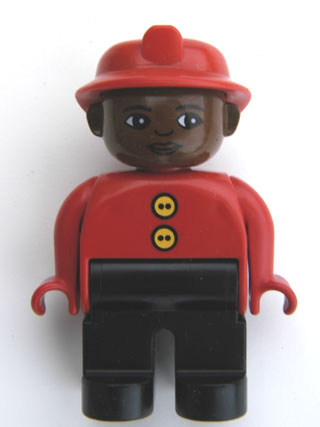 Duplo Figure, Male Fireman, Black Legs, Red Top with Two Buttons, Red Fire Helmet, Brown Head