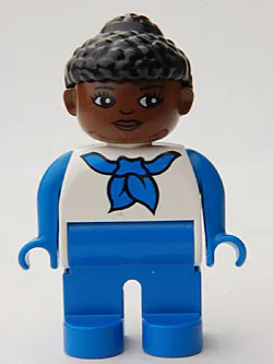 Duplo Figure, Female, Blue Legs, White Top with Blue Sleeves and Scarf, Black Curly Hair in Bun, Brown Head, Looking Left