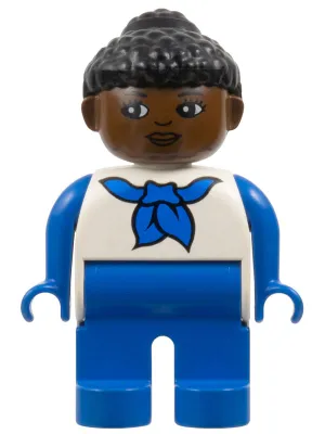 Duplo Figure, Female, Blue Legs, White Top with Blue Sleeves and Scarf, Black Curly Hair in Bun, Brown Head, Looking Right