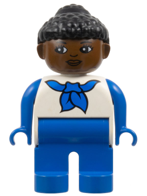 Duplo Figure, Female, Blue Legs, White Top with Blue Sleeves and Scarf, Black Curly Hair in Bun, Brown Head, Looking Right