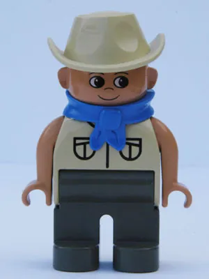 Duplo Figure, Male, Dark Gray Legs, Tan Top Safari with Pockets, Cowboy Hat, Blue Bandana (4144058)