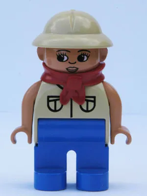 Duplo Figure, Female, Blue Legs, Tan Top with 2 Pockets, Tan Pith Helmet, Red Bandana, Eyelashes (4144057)