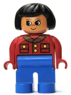 Duplo Figure, Female, Blue Legs, Red Jacket with Gold Buttons, Black Hair (75698)