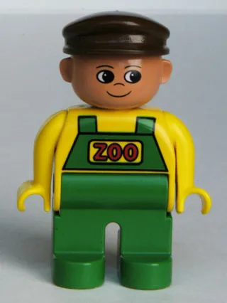 Duplo Figure, Male, Green Legs, Yellow Top with Green Overalls, Brown Cap (Zoo Keeper)