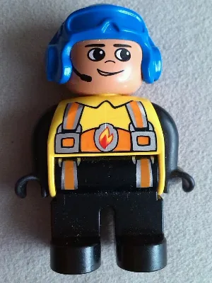 Duplo Figure, Male Fireman, Black Legs, Yellow Top with Flame and Orange Suspenders, Blue Aviator Helmet