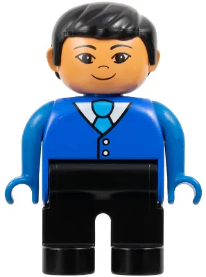 Duplo Figure - Male, Adult Man, Black Legs, Blue Top with Buttons and Tie Pattern, Black Hair, Nougat Head (75497)