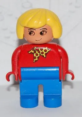 Duplo Figure, Female, Blue Legs, Red Top with Yellow and Red Polka Dot Scarf, Yellow Hair, without Nose