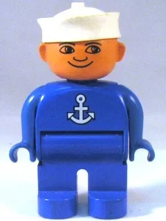 Duplo Figure, Male, Blue Legs, Blue Top with White Anchor, White Sailor Hat, no White in Eyes Pattern