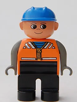 Duplo Figure, Male, Black Legs, Orange Vest, Dark Gray Arms, Construction Hat Blue
