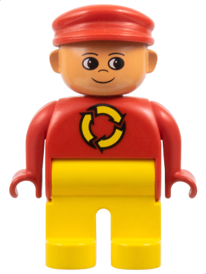 Duplo Figure, Male, Yellow Legs, Red Top with Recycle Logo, Red Cap, Turned Up Nose