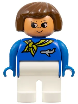 Duplo Figure, Flight Attendant - Female, White Legs, Blue Top with Scarf with Stripe and Jet Airplane Pin Pattern, Brown Hair, Nougat Head with Grin and Turned Up Nose (75515)