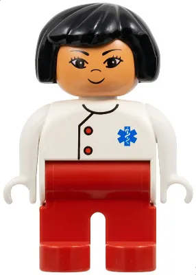 Duplo Figure, Doctor / Medic - Female, Adult Woman, Red Legs, White Top with Buttons and EMT Star of Life Pattern, Black Hair, Nougat Head (75498)
