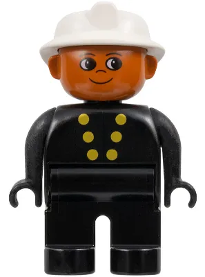 Duplo Figure, Firefighter - Male, Adult Man, Black Legs, Black Top with Buttons Pattern, White Fire Helmet, Dark Orange Head (75509)