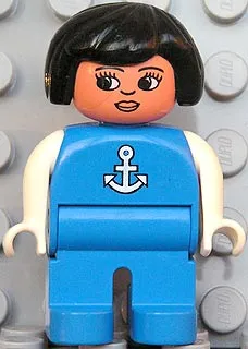 Duplo Figure, Female, Blue Legs, Blue Top with White Anchor, Black Hair