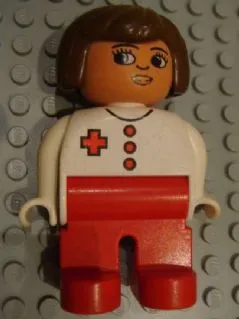 Duplo Figure, Female Medic, Red Legs, White Top, Brown Hair, Red Cross