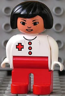 Duplo Figure, Female Medic, Red Legs, White Top with Red Buttons and Cross, Black Hair, Lips