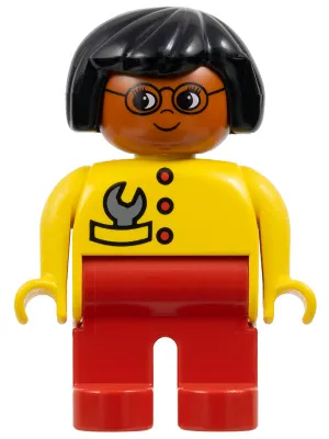 Duplo Figure - Female, Adult Woman, Red Legs, Yellow Top with Buttons and Wrench in Pocket Pattern, Black Hair, Dark Orange Head (75510)