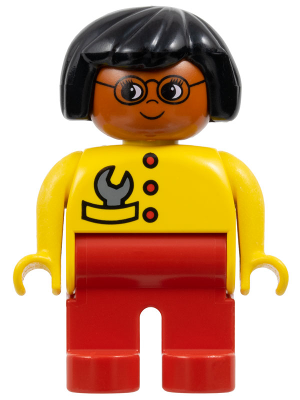 Duplo Figure - Female, Adult Woman, Red Legs, Yellow Top with Buttons and Wrench in Pocket Pattern, Black Hair, Dark Orange Head (75510)
