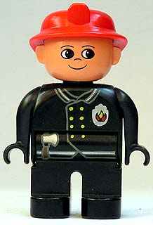 Duplo Figure, Male Fireman, Black Legs, Black Top with Flame Logo, Red Fire Helmet, no Moustache (4171017)