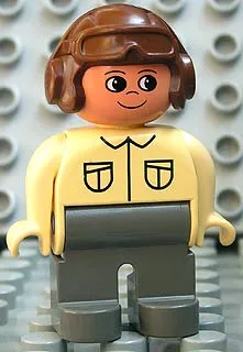 Duplo Figure, Male, Dark Gray Legs, Tan Top, Brown Aviator Helmet